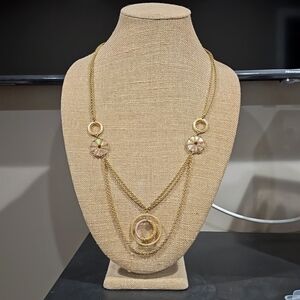 Gold Tone Multi Layered Open Circle Medallions Necklace, Mother of Pearl Discs